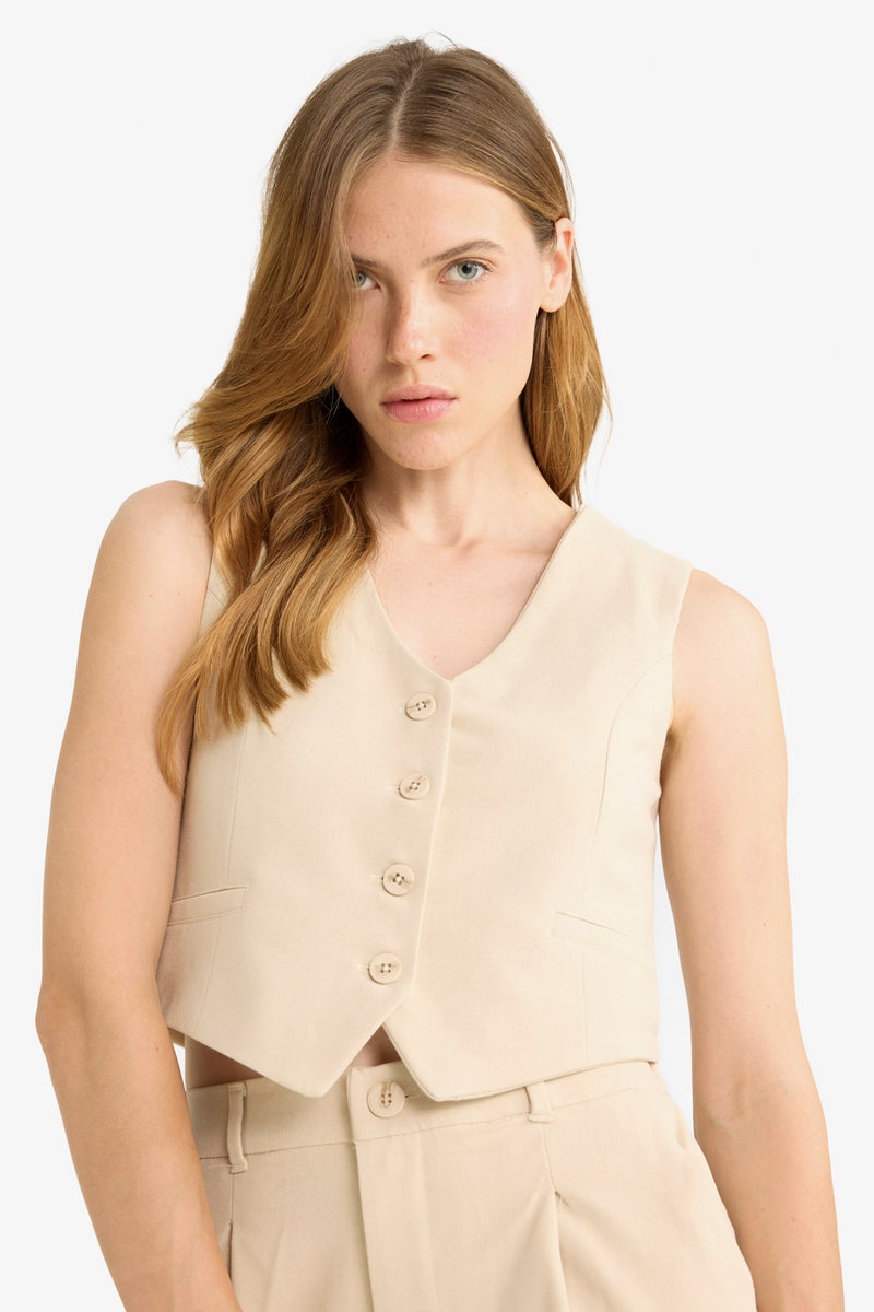 DeFacto Beige Woman V-Neck Classic Blazer Vest Casual - Image 4